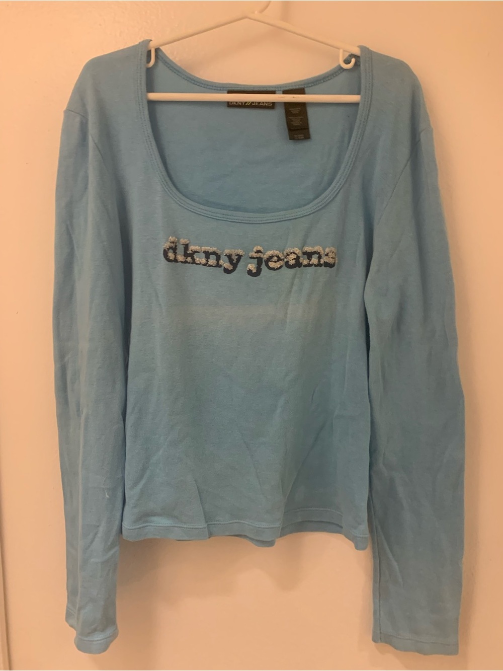 Dkny Light Blue Long Sleeve Scoop Neck Top with Sequin Logo